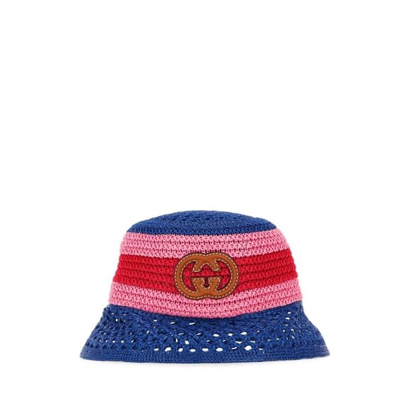 NWT GUCCI  Gg-Logo Striped Faux-Raffia Hat $750 SZ M Bucket Pink Blue Red - Picture 2 of 9